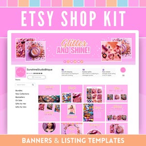 May include: A pink Etsy shop banner with the text "Glitter and Shine!" and a collage of images of makeup products. The banner is part of a larger Etsy shop kit that includes banners and listing templates.