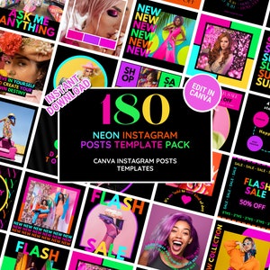 Instagram Template Post Bundle: Bright Neon Social Media Branding Kit - Perfect for a Colorful Feed - Edit in Canva