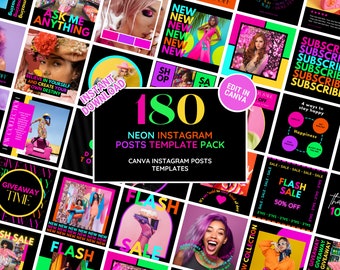 Instagram Template Post Bundle: Bright Neon Social Media Branding Kit - Perfect for a Colorful Feed - Edit in Canva