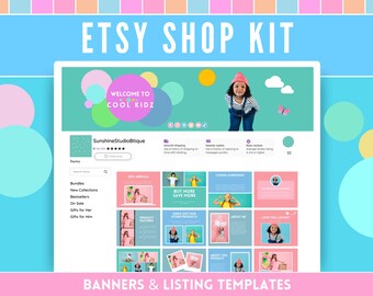 Könnte beinhalten: Etsy-Shop-Banner und Listing-Vorlagen mit einem farbenfrohen Design mit Kreisen, einem Mädchen mit rotem Hut und dem Text "Willkommen bei Cool Kidz".