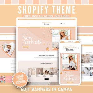 Cute Shopify Theme & Logo Templates - Peach Sunrise Website Banners - Easy Setup Webdesign eCommerce Store - Edit in Canva