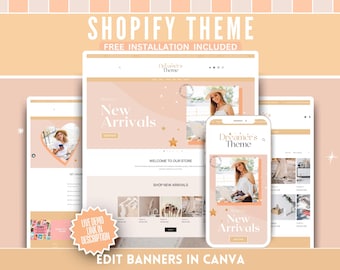 Cute Shopify Theme & Logo Templates - Peach Sunrise Website Banners - Easy Setup Webdesign eCommerce Store - Edit in Canva