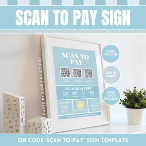 Blauw bord met QR-codesjabloon voor scan-to-Pay - weergave voor eenvoudige betaling - afdrukbaar en bewerkbaar in Canva-bord met betaalmethode