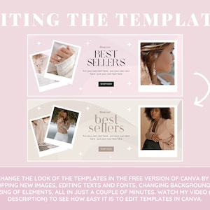 Puede incluir: Gr&aacute;fico rosa con el texto "EDITING THE TEMPLATES" en la parte superior. La imagen presenta dos banners con las palabras "BEST SELLERS" y fotos de joyas y una mujer. La parte inferior de la imagen tiene texto sobre la edici&oacute;n de plantillas.