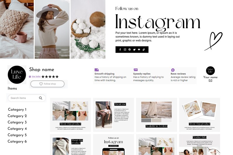 K&ouml;nnte beinhalten: Die Homepage eines Shops mit dem Namen "Luxe Life" und einer F&uuml;nf-Sterne-Bewertung. Der Shop verkauft eine Vielzahl von Artikeln, darunter Schmuck, Kleidung und Wohnaccessoires. Die Homepage zeigt eine Collage von Bildern der Shop-Produkte sowie Informationen &uuml;ber den Versand, die Antworten und die Bewertungen des Shops. Der Shop hat auch eine Social-Media-Pr&auml;senz mit Links zu seinem Instagram und anderen Social-Media-Konten.