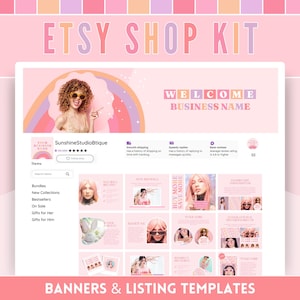 May include: A pink and purple Etsy shop banner template with a rainbow background and a woman wearing sunglasses. The banner includes the text "WELCOME BUSINESS NAME" and "BANNERS & LISTING TEMPLATES".