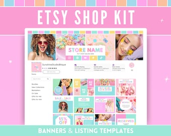 以下が含まれることがあります： ピンクとブルーのEtsyショップキットで、バナーとリストテンプレートが含まれています。キットには、ストアバナー、プロダクトバナー、リストテンプレートが含まれています。バナーとテンプレートは、ピンク、ブルー、イエロー、グリーンなど、さまざまな色とデザインが特徴です。「STORE NAME」、「SALE-SALE」、「15% OFF」、「PRODUCT」、「INSTAGRAM」、「RESERVED」などのテキストがバナーとテンプレートに表示されています。