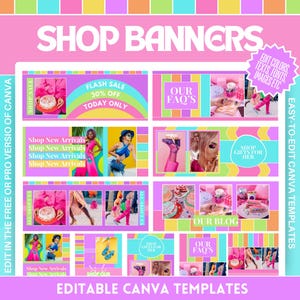 May include: A colorful graphic featuring shop banner templates with the text "SHOP BANNERS" in large letters. The design includes various banner examples with phrases like "FLASH SALE" and "Shop New Arrivals". The image also states "EDITABLE CANVA TEMPLATES".