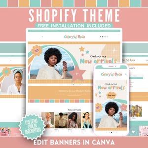 Retro Boho Shopify Theme & Website Logo Templates - Pastel Modern Boho Business Starter Kit - Canva Banners -  Done for You Webdesign