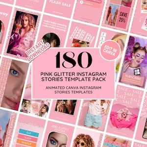 Instagram Story Bundle: Pink Glitter Social Media Branding Kit Templates, Perfect for Fashion, Blogger, Salon, Beauty, Nails - Edit in Canva