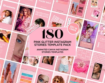 Paquete de historias de Instagram: Plantillas de kit de marca para redes sociales con purpurina rosa, ideales para moda, blogs, salones de belleza y uñas. Edita en Canva.