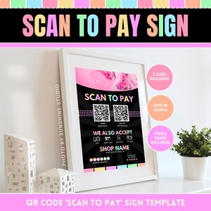 Pastell Neon Scan-to-Pay Vorlage QR-Code-Zeichen - Einfache Zahlung & Folgen Sie uns auf Social Media Display - Bearbeiten Sie in Canva Zahlungsmethode Zeichen