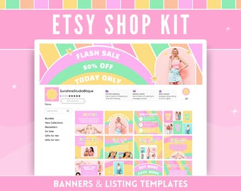 以下が含まれることがあります： Etsyショップのデジタルモックアップバナーとリストテンプレート。バナーは、「FLASH SALE 50% OFF TODAY ONLY」というテキストが書かれた虹色のアーチを特徴としています。リストテンプレートは、「BUY MORE SAVE MORE」や「NEW」などのテキストが書かれた、さまざまなカラフルなデザインを特徴としています。