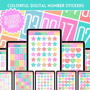 May include: A digital download of 155 colourful number stickers in three formats: squares, stars, and hearts. The numbers are displayed on a tablet screen in a variety of pastel colours.