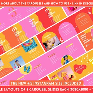 May include: A set of 10 editable Instagram carousel templates with a summer theme. The templates feature bright pink and orange colors with a variety of images and text. The text includes "Learn more about the carousels and how to use - link in description", "The new 4:5 Instagram size included", and "10 editable layouts of 6 carousel slides each (1080x1080 + 1080x1350)".