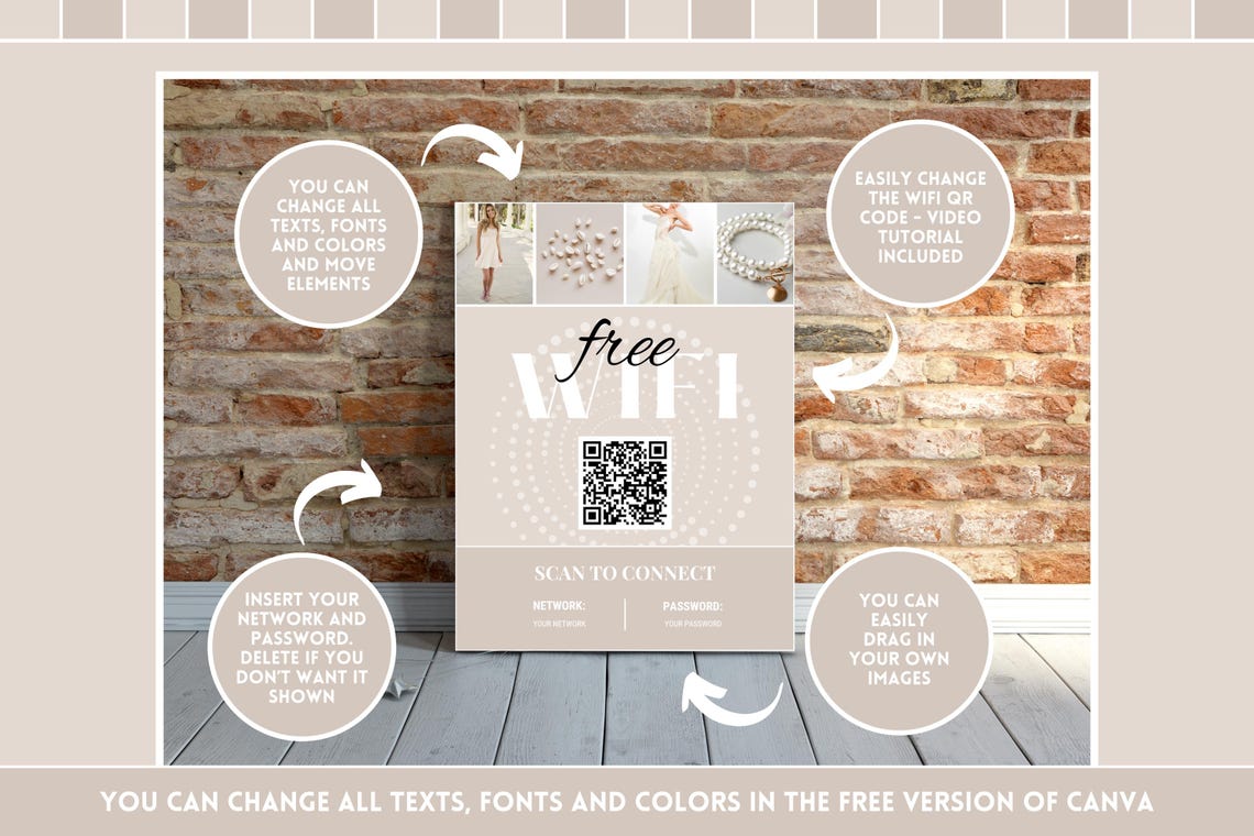 Beige Wifi QR Code Sign - Editable Wifi Password Sign - Printable and ...