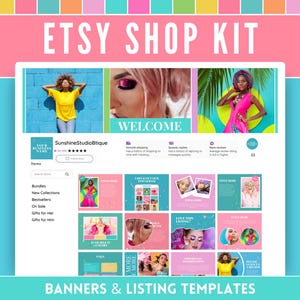 Könnte beinhalten: Ein farbenfrohes Etsy-Shop-Kit mit Bannern und Listungsvorlagen. Das Kit enthält eine Willkommensnachricht, einen Shop-Namen und eine Vielzahl von bunten Bannern mit verschiedenen Designs. Das Kit ist perfekt für Etsy-Verkäufer, die einen einheitlichen und professionellen Look für ihren Shop erstellen möchten.