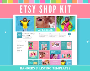 以下が含まれることがあります： バナーとリストテンプレートがセットになったカラフルなEtsyショップキット。キットには、ウェルカムメッセージ、ショップ名、さまざまなデザインのカラフルなバナーが多数含まれています。このキットは、ショップに統一感とプロフェッショナルな外観を与えたいEtsyセラーに最適です。