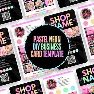 Op de afbeelding: Een DIY-visitekaartje sjabloon met een pastel neon kleurenschema. Het sjabloon heeft een zwarte achtergrond met een witte cirkel in het midden. De cirkel bevat de tekst "PASTEL NEON DIY BUSINESS CARD TEMPLATE". Het sjabloon bevat ook een QR-code, een website-adres en een social media handle.