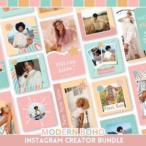 Modern Boho Instagram Template Bundle: Cute Pastel Retro Posts and Stories Kit - Edit in Canva