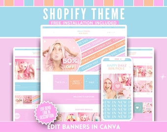 Bright Pastel Shopify Theme - Cute Pink Canva Banners & Logo Templates - Easy Website Setup - Perfect for Fashion, Clothing, Jewelry