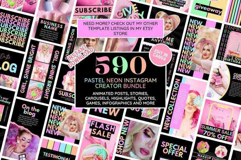 Puede incluir: Un collage de gr&aacute;ficos rosas y negros que promocionan un paquete de creador de Instagram. La imagen central muestra "590 Pastel Neon Instagram Creator Bundle" con publicaciones animadas, historias y m&aacute;s. Otros gr&aacute;ficos incluyen "Suscr&iacute;bete", "Nuevo" y "Venta de verano 70% de descuento."
