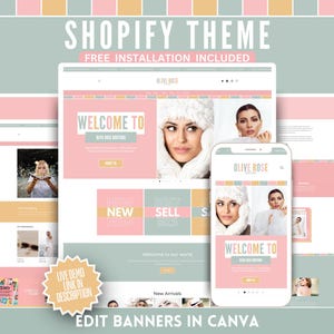 May include: A Shopify theme design displayed on a laptop, tablet, and smartphone. The theme features a pastel color scheme with the text "WELCOME TO" and "OLIVE ROSE". The words "SHOPPIFY THEME" and "FREE INSTALLATION INCLUDED" are also visible.