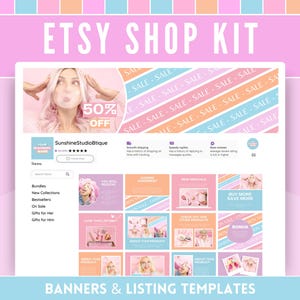 Könnte beinhalten: Ein rosa-blaues Etsy-Shop-Banner mit dem Text "Etsy Shop Kit" und einem rosa-blauen gestreiften Hintergrund. Das Banner enthält auch ein Foto einer Frau, die eine Blase bläst, mit dem Text "50% Off". Unter dem Banner befinden sich 16 rosa, blaue und weiße Quadrate mit verschiedenen Bildern und Texten. Der Text "Banners & Listing Templates" befindet sich am unteren Rand des Bildes.