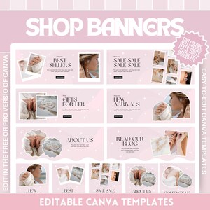 May include: A collection of pink shop banner templates with the text "SHOP BANNERS" and "EDITABLE CANVA TEMPLATES". The banners include sections for "BEST SELLERS", "GIFTS FOR HER", "NEW ARRIVALS", "ABOUT US", and "READ OUR BLOG".