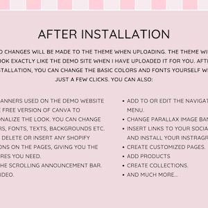 Puede incluir: Gr&aacute;fico rosa y blanco con el texto &laquo;DESPU&Eacute;S DE LA INSTALACI&Oacute;N&raquo; y una lista de funciones. El texto describe c&oacute;mo personalizar un tema de sitio web, incluyendo el cambio de colores, fuentes y la adici&oacute;n de funciones como banners y enlaces de redes sociales.