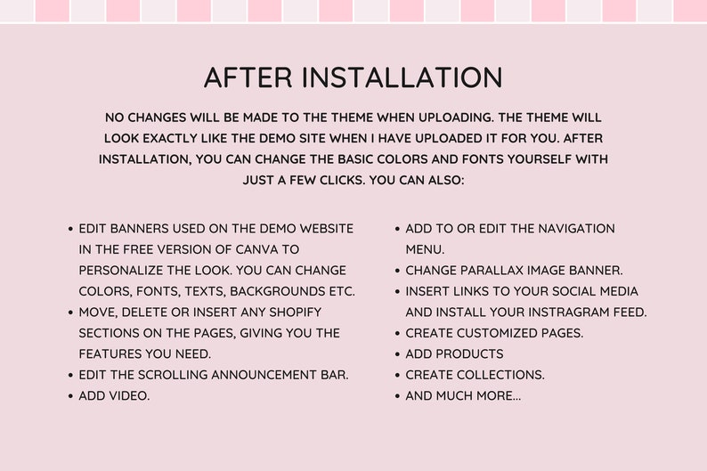 Puede incluir: Gr&aacute;fico rosa y blanco con el texto &laquo;DESPU&Eacute;S DE LA INSTALACI&Oacute;N&raquo; y una lista de funciones. El texto describe c&oacute;mo personalizar un tema de sitio web, incluyendo el cambio de colores, fuentes y la adici&oacute;n de funciones como banners y enlaces de redes sociales.