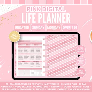 Pink Life Digital Planner Perfect for Goodnotes & Notability - Hyperlinked, Dated and Undated, Sunday and Monday Start