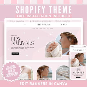 Puede incluir: Un dise&ntilde;o de tema Shopify rosa que se muestra en una computadora port&aacute;til y un tel&eacute;fono inteligente. El tema presenta el texto "Shop our NEW ARRIVALS" y "Pink Sparkle". La imagen tambi&eacute;n incluye el texto "FREE INSTALLATION INCLUDED" y "EDIT BANNERS IN CANVA".