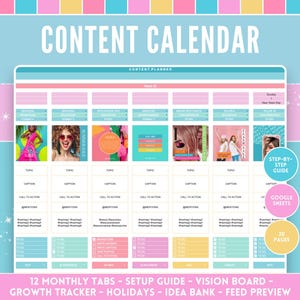 Planificador de redes sociales - Calendario de contenido de Hojas de cálculo de Google - Rastreador de crecimiento colorido, vista previa de feeds, 12 pestañas mensuales y semanales