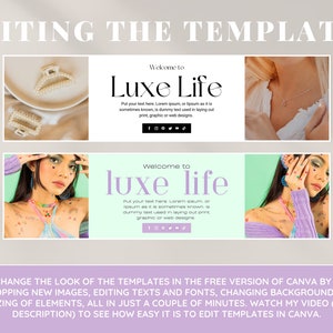 K&ouml;nnte beinhalten: Zwei Social-Media-Banner-Vorlagen mit dem Text "Willkommen zu Luxe Life" in einer modernen Schriftart. Die Banner haben einen hellgr&uuml;nen und violetten Hintergrund mit Bildern von Schmuck und einer Frau mit farbenfrohem Make-up.