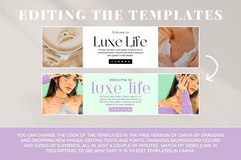 K&ouml;nnte beinhalten: Zwei Social-Media-Banner-Vorlagen mit dem Text "Willkommen zu Luxe Life" in einer modernen Schriftart. Die Banner haben einen hellgr&uuml;nen und violetten Hintergrund mit Bildern von Schmuck und einer Frau mit farbenfrohem Make-up.