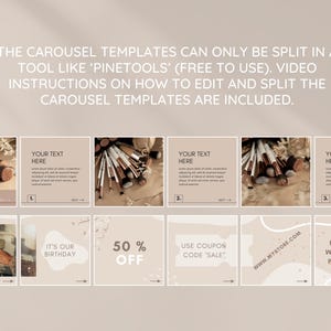 May include: Nine Instagram story templates with a neutral colour palette. The templates feature text, graphics, and images of makeup brushes. The text includes "SALE", "IT'S OUR BIRTHDAY", "50% OFF", "USE COUPON CODE 'SALE'", "www.MYSTORE.COM", "FREE GIFT WITH EVERY PURCHASE", and "YOUR TEXT HERE".