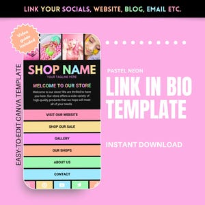 Op de afbeelding: Een pastelroze en zwart telefoon-scherm mockup met de tekst "LINK IN BIO TEMPLATE" in wit. Het telefoonscherm toont een link-in-bio-sjabloon met de tekst "SHOP NAME" in regenboogkleuren. De sjabloon heeft knoppen voor "BEZOEK ONZE WEBSITE", "WINKEL ONZE UITVERKOOP", "GALERIJ", "ONZE WINKELS", "OVER ONS" en "CONTACT".