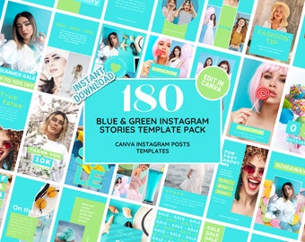 May include: A collage of 180 blue and green Instagram story templates for use with Canva. The templates feature text overlays, graphics, and images. The text "180 Blue & Green Instagram Stories Template Pack" is featured in the center of the collage.