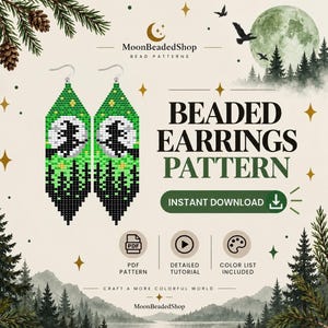 Op de afbeelding: Een digitaal patroon voor kralenoorbellen met een heksensilhouet tegen een volle maan, een groen bos en zwarte dennenbomen. De tekst luidt MoonBeadedShop BEAD PATTERNS, BEADED EARRINGS PATTERN, INSTANT DOWNLOAD, PDF PATTERN, DETAILED TUTORIAL, COLOR LIST INCLUDED.