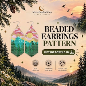 May include: A digital pattern for beaded earrings featuring a landscape design with a yellow sun, pink clouds, and green pine trees. The text reads MoonBeadedShop BEAD PATTERNS, BEADED EARRINGS PATTERN, INSTANT DOWNLOAD, PDF PATTERN, DETAILED TUTORIAL, and COLOR LIST INCLUDED.