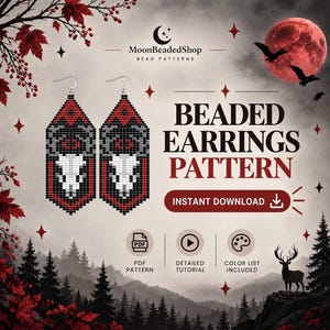 Op de afbeelding: Een digitaal patroon voor kralenoorbellen met een wit schedelmotief op een geometrische achtergrond in zwart, rood en grijs. De tekst luidt MoonBeadedShop BEAD PATTERNS, BEADED EARRINGS PATTERN, INSTANT DOWNLOAD, PDF PATTERN, DETAILED TUTORIAL en COLOR LIST INCLUDED.