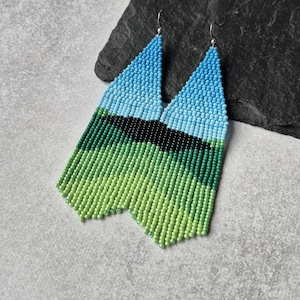Beaded Mountain Landscape Earrings Nature Scenic Outdoor Inspired Fringe Statement Boho Jewelry Handmade