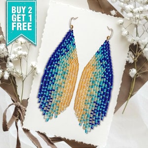 Blue Ombre Beaded Earrings: Long Fringe Chandelier, Boho Hippie Jewelry