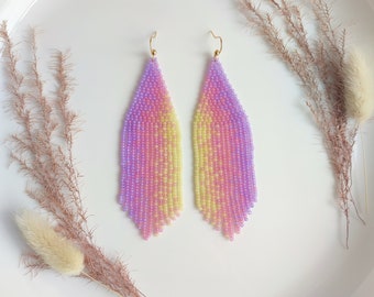 Long beaded earrings with pastel pink and yellow gradient