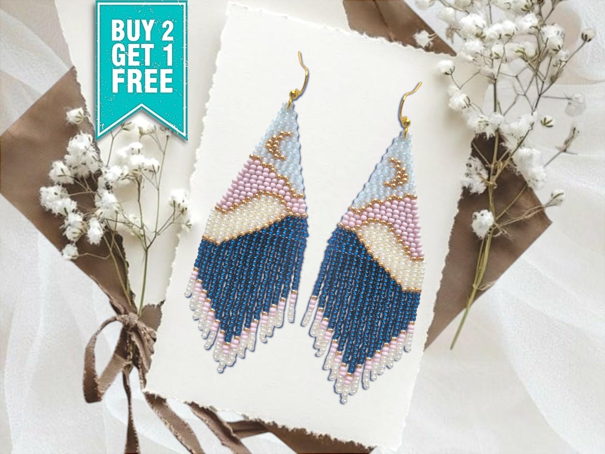 Boho Beaded Mountain Landscape Earrings: Ombre Dangle Chandelier