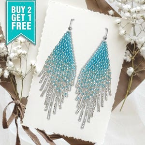Blue Ombre Beaded Fringe Earrings: Boho Chandelier Dangle