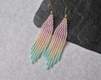 Pastel Pink Peach Green Beaded Fringe Earrings, Soft Mint Dangle Seed Bead Jewelry