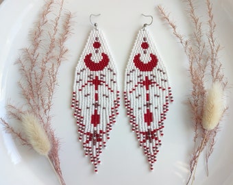 Long Beaded White Earrings with Red Moons