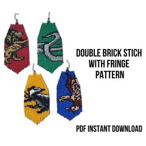 May include: Four pairs of beaded earrings with fringe, each featuring a different Hogwarts house crest: Gryffindor, Slytherin, Hufflepuff, and Ravenclaw. The earrings are made with a double brick stitch pattern. PDF instant download.